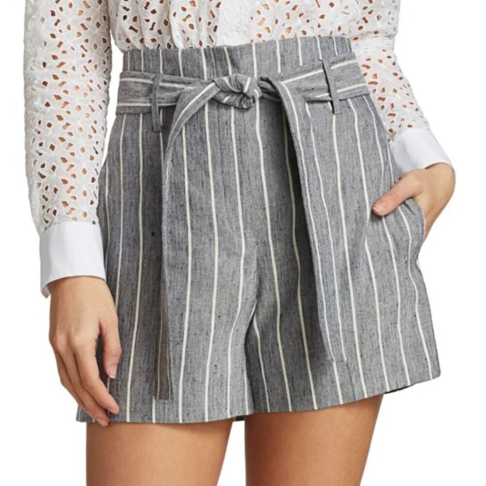 Theory High-Waist Striped Linen Shorts, Size 2